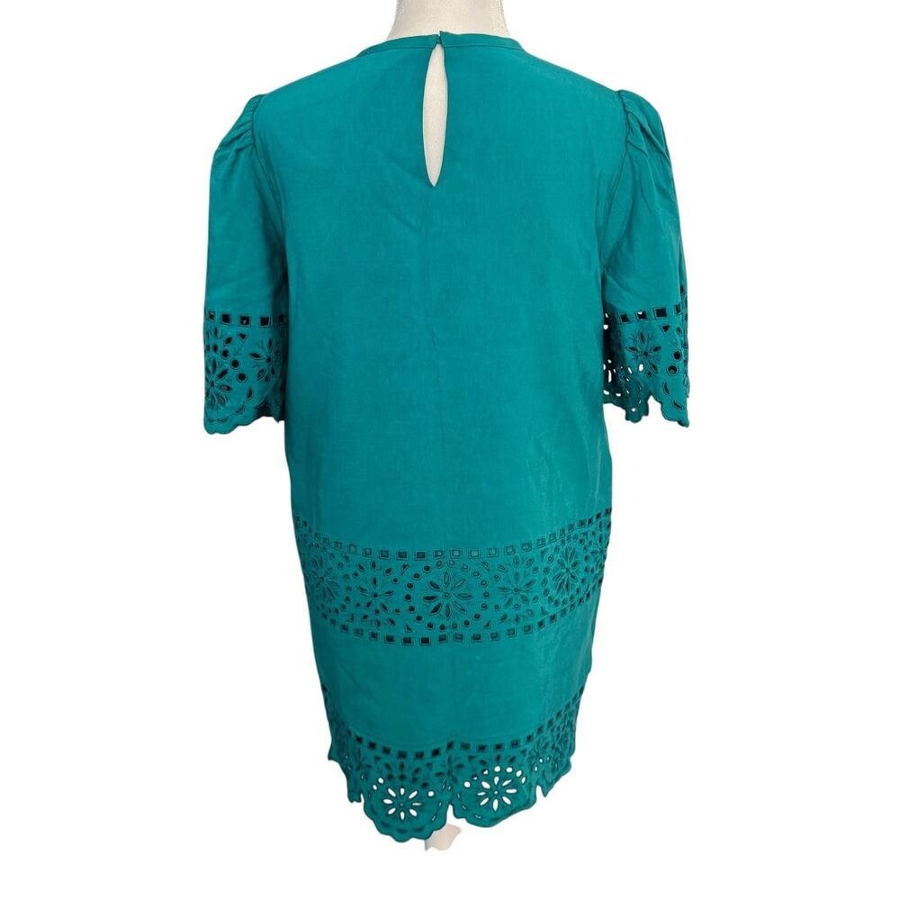 Rebecca Taylor Dress Womens 2 Teal Deco Eyelet Shift Flutter Embroidered Pockets - Picture 6 of 11